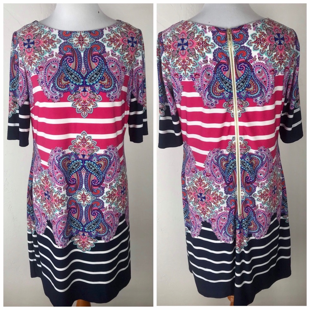 Eliza J Printed Jersey Shift Dress Shorter Sleeves Size 6 Stripes